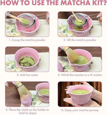 Matcha Whisk Set,9 Pcs Matcha Set with Matcha Bowl,Spout, Bamboo Whisk, Spoon Stand, Scoop, Sifter, Towel, Teaspoon and Glass Measuring Cup for Making Breakfast/Latte, Gift for Matcha Lover, Pink