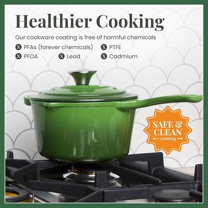 Larder & Vine Enameled Cast Iron Saucepan | 2.2 qt Sauce Pan with Lid | Saucepan with Pour Spouts | Enameled Cast Iron Pot Compatible on All Cooktops & Oven Safe to 500° F | Okra