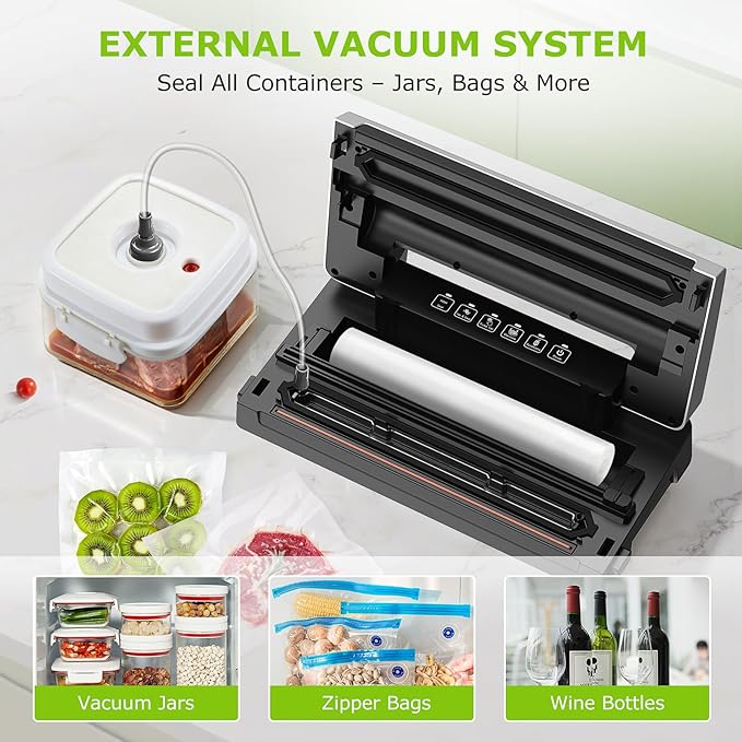 Bonsenkitchen Food Vacuum Sealer Machine with External Vac Function, Built-in Cutter & Bag Storage, 5 Modes for Various Food Types, Includes 10 Bags & 1 Roll (Silver)