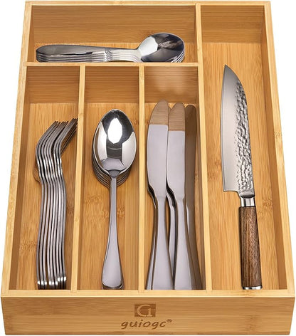 Kitchen Bamboo Silverware Drawer Organizer，Silverware Organizer and Cutlery Tray with Grooved Drawer Dividers for Silverware, Knives in Kitchen, Bedroom (5 Slot-Natural)