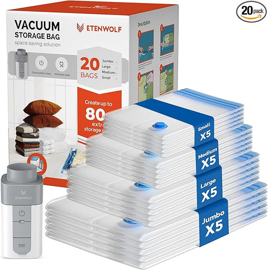ETENWOLF 20 Pack Vacuum Storage Bags with Rechargeable Wireless Pump, Vacuum Seal Bags for Clothes and Travel, Space Saver Bags in Multiple Carry-On Sizes, Perfect for Luggage and Suitcases