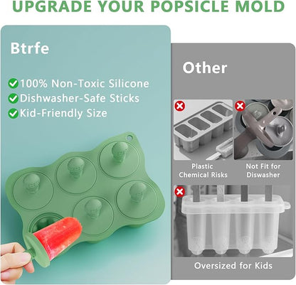 Silicone Popsicle Molds for Toddlers, 6-Cavity x 2oz Food-Grade Ice Pop Mold, Reusable DIY Fresh Fruitsicle Frozen Treats Maker (GREEN)