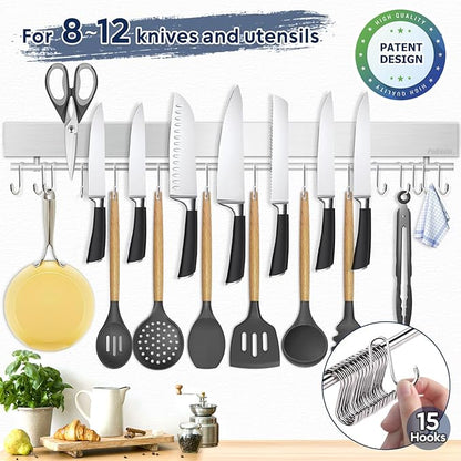 23 inch magnetic knife holder with 15 hooks, No Drilling knife magnetic strip and utensil hanger for wall, Powerful knife magnet rack include tape and screws