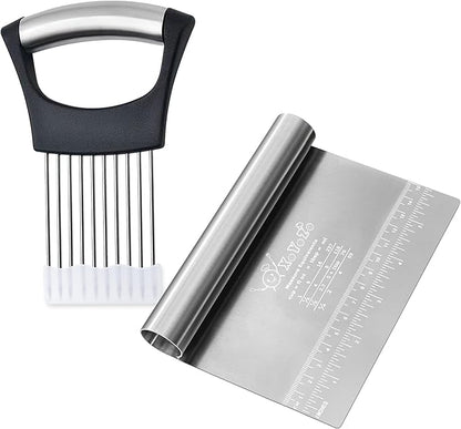 Bench Scraper Dough Chopper Onion Holder for Slicing Slicer Onion Cutter with Protective Cover and Anti-Slip Handle Stainless Steel Chopper for Potato, Tomato, Avocados, Eggs, Vegetable, Onions