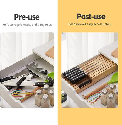 Bamboo Knife Block and In-Drawer Storage, Display Stand and Organizer, Holds Up To 7 Knives(Not Included)