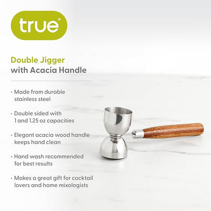 True Double Jigger with Acacia Handle, Bar Supplies, Drink Tools, Craft the Perfect Cocktails, 1oz & 1.25oz Capacities, Stainless Steel