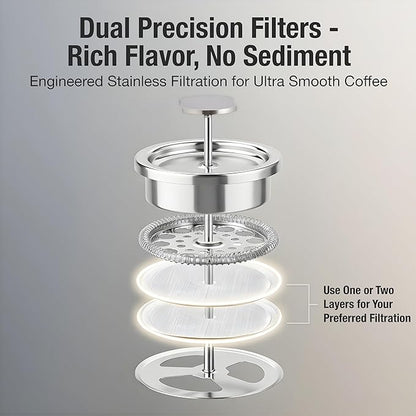Camping French Press Coffee Maker Set - 12 oz | Portable Travel French Press Coffee Maker | Double Wall Insulated with Dual Stainless Filters & 2 Steel Canisters for Grounds, Tea, Creamer & Sugar