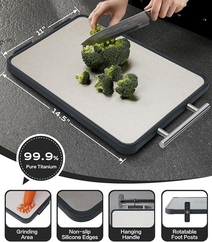 Titanium Cutting Board for Kitchen, Double Sided Non Toxic Cutting Board with Grinding Zone, Food-Grade Metal Chopping Board Pure Titanium & Wheat Straw PP Space Saving (14.5”×11”, 1 PC)