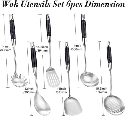 FJNATINH Stainless Steel Kitchen Utensils, Set of 6 Cooking Tools with Wooden Handle, Wok Spatula, Soup Ladle, Skimmer Spoon, Slotted Spatula Turner, Spaghetti Server, Solid Spoon