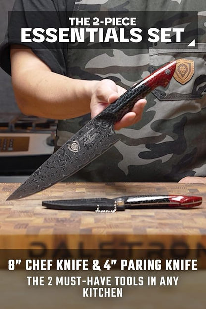 Dalstrong 2 Piece Knife Set - Chef Knife 8"+Paring Knife 4"-Scorpion Series Hellfire-Japanese V12 Ultra™Steel-Black Damascus-Black & Red Honeycomb Resin Handle-Leather Sheath
