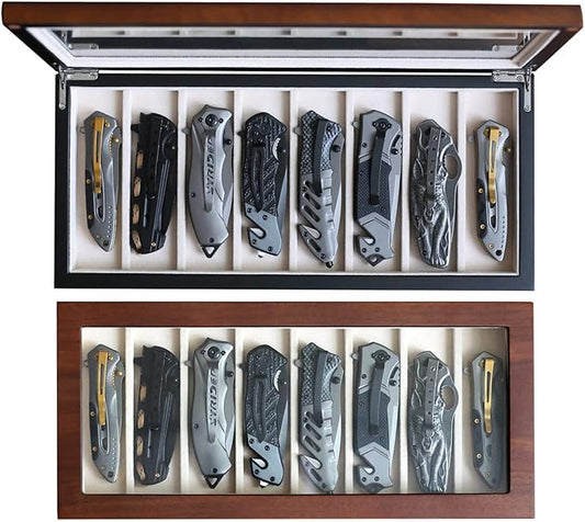 Knife Display Case Organizer storage 8 pocket knives, Folding Knife Holder with Real Glass Window Top， Pocket knife collection box for men gift (Walnut Veneer 8 slot)