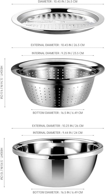 Cabilock Graters for Kitchen Handheld Stainless Steel Drain Basket Vegetable Cutter 3 In 1 Kitchen Multipurpose Grater Salad Bowl For Home (Silver) Colanders & Food Strainers