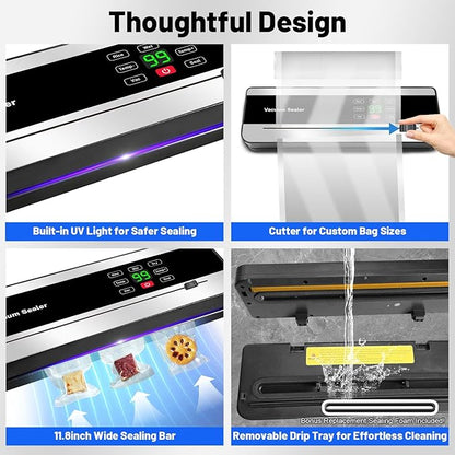 Cordless Vacuum Sealer Machine with UV-C Light, Digital Display & Built-in Cutter, Compact Rechargeable Food vacuum Sealer for Dry & Moist Foods, Includes 10 Pre-cut Bags & 1 Roll Bag (Black)