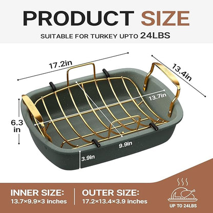 Nonstick Roasting Pan, 17 Inch x 13 Inch Large Roaster Pan with Removable Rack, Roaster for Roasting Turkey, Meat & Vegetables (Green）