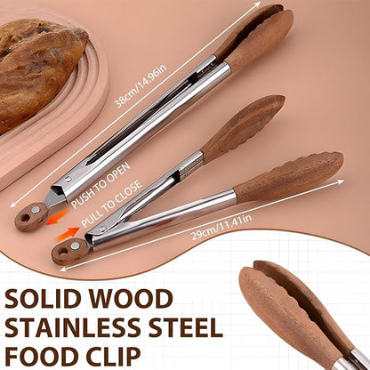 Wooden Tongs for Cooking & Serving Food, Stainless Steel Salad Tongs with Walnut Wood Tip, Anti-Slip Long Handle Wooden Kitchen Tongs Heat Resistant, Smooth Locking & Hanging Cooking Utensils Set of 2