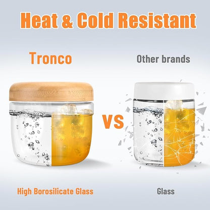 Tronco 24 oz Glass Container with Bamboo Lids, Food Storage Bowls for Soup, Stew & Overnight Oats, Meal Prep, Glass Lunch Bowl Container 100% Leak & Spill Proof, Airtight, BPA-Free- Ideal Gifts, 2Pack