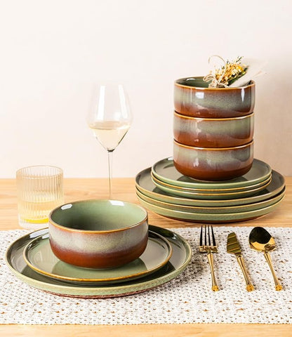 TheTerra Ceramic Dinnerware Sets for 6, 18 Pieces Handmade Reactive Glaze Plates and Bowls Set, Scratch Resistant Dish Set, Oven & Microwave & Dishwasher Safe, Brown Green