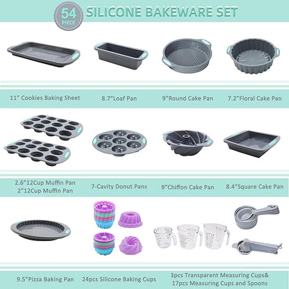 Tongjude 54 Pieces Silicone Baking Pans Set, 10 Silicone Cake Molds, Loaf Pan and Muffin Pans, Non-Stick Baking Cup, with Measuring Cups and Spoons Set, Grey