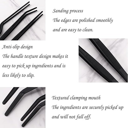 Professional Stainless Steel Food Tongs Stainless Steel Kitchen Tweezers Tongs Set 11.8 Inch Professional Chef Cooking Tools for BBQ Plating Baking (3, Black)
