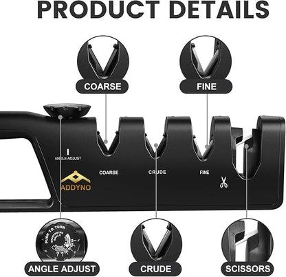 4-in-1 Knife Sharpener with Angle Guide, Adjustable Edge,3-Stage Coarse–Sharpen–Fine + Scissors Slot, Non-Slip Base & Ergonomic Handle for Kitchen Knives,Square Black
