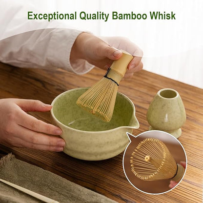 Matcha Whisk Set,Ceramic Matcha Set,with Ceramic Bowl,Bamboo Whisk&Holder,Scoop,Authentic Japanese Matcha,for Matcha Lovers,Gift for Family/Friend(tea green)