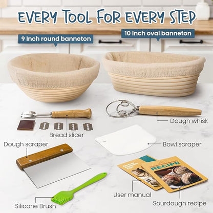 RORECAY Bread Banneton Proofing Basket Set, 9 Inch Round & 10 Inch Oval Cane Sourdough Baskets with Dough Whisk Lame Dough Scraper Bowl Scraper Silicone Brush Sourdough Bread Baking Supplies