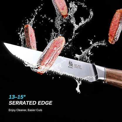KYOKU 5 Inch Steak Knife Set of 4 - Daimyo Series Japanese 440C Stainless Steel Serrated Steak Knives - Ergonomic Rosewood Handles Mosaic Pins - with Sheaths & Case