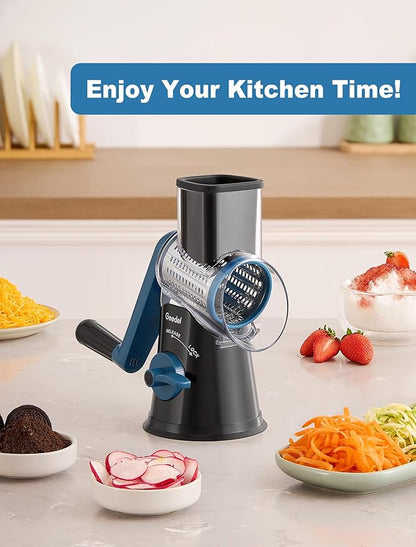 Geedel Rotary Cheese Grater Cheese Shredder - Upgraded 5-in-1 Cheese Grater with Handle and Strong Suction Base, Multi-purpose Vegetable Slicer Ice Shaver Nuts Grinder for Ice, Vegetables, Fruit, Nuts