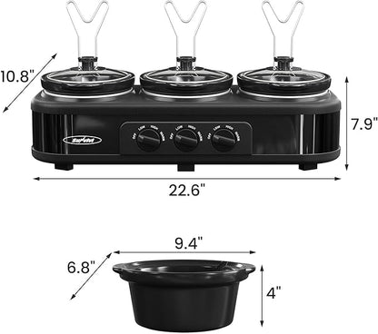 Sunvivi Triple Slow Cooker Buffet Servers and Warmer,3 Pot Food Small Mini Manual Slow Cooker with Adjustable Temp Stainless Steel Lid Rests,Removable Ceramic Pot, 3 * 1.5 Quarts Black