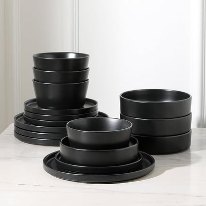 Stone Lain Celina Modern Stoneware 16-Piece Dinnerware Set, Cereal and Dinner Bowls, Dinner Plates, Plates and Bowl Set, Dishes for 4, Black