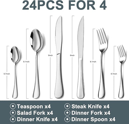 24-Piece Silverware Set with Steak Knives, Black Flatware Set for 4, Food-Grade Stainless Steel Tableware Cutlery Set, Mirror Finished Utensil Sets for Home Restaurant