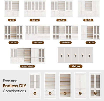 70.8" Tall Farmhouse Kitchen Pantry Cabinet with Glass Doors, Modular Wooden Storage Cabinet with 6-Tier Adjustable Shelves, Hutch for Kitchen or Living Room, Set of 3, White