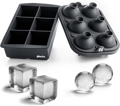 Glacio Ice Cube Molds – Large Silicone Ice & Sphere Mold Combo with Built-In Easy-Fill Funnel 2-Inch Round & Square Whiskey Ice Molds for Cocktails & Bourbon