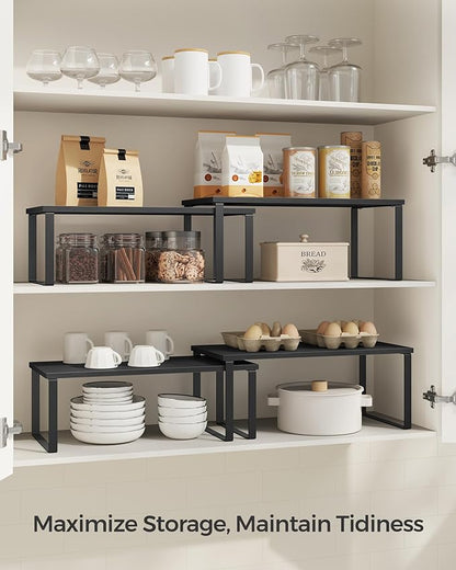 SONGMICS Cabinet Organizer Shelf, Set of 4 Kitchen Counter Shelves, Kitchen Storage, Spice Rack, Stackable, Expandable, Metal and Engineered Wood, Ink Black and Ebony Black UKCS028B01