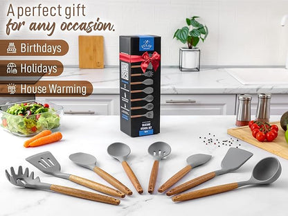 Zulay Kitchen Utensils Set Non-Stick Silicone Cooking Utensils Set with Authentic Acacia Wood Handles - 8 Piece Set - Silicone Kitchen Utensils Set with 464°F Heat Resistance - Gray