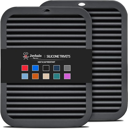 Joyhalo Trivets for Hot Dishes - Hot Pads for Kitchen 9'' x 12'', Silicone Trivets for Hot Pots and Pans, Hot Plates to Protect Table, Quartz Countertops Heat Resistance to 480°F, Set of 2, Black