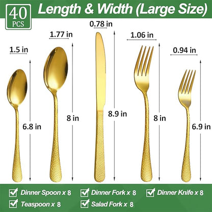 40 Pcs Gold Silverware Set for 8 with Hammered Design, Food Grade Stainless Steel Flatware Set, Eating Utensils Sets Include Fork/Knife/Spoon, Cutlery Set, Dishwasher Safe