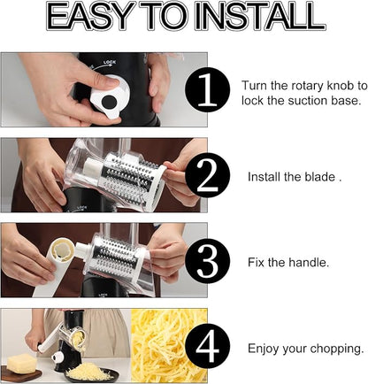 Ourokhome Rotary Cheese Grater Hand Crank, Kitchen Shredder Speed Mandolin Slicer Nuts Grinder with Handle and Drum Blades for Cheese, Vegetable, Walnut, Chocolate, Potato, Carrot, 3 Blades, Black