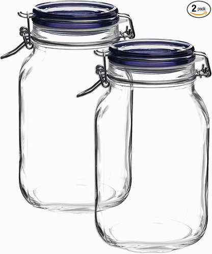 Bormioli Rocco Fido Collection, 2 Pack, 67.75 Oz. Food Storage Glass Jars, Airtight Rubber Seal & Glass Lid, With Stainless Wire Clamp,Made In Italy.