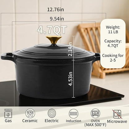 Enamel Cast Iron Dutch Oven with Lid, Round Casserole Pot for Bread Baking, Braising, Roasting, and Stews, Heavy-Duty, Oven Safe, Induction Compatible (4.7QT,Grey)