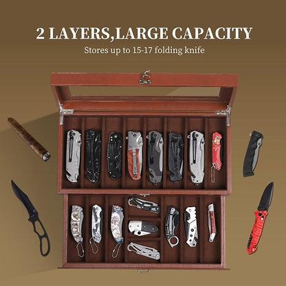 AUTOARK 2-Tier PU Leather & Velvet Knife Organizer with 17 Slots,Transparent Glass Top & Drawer,Compact Storage for Pocket Knives,Perfect for Men's Collections & Gifts,Coffee,MKAW012