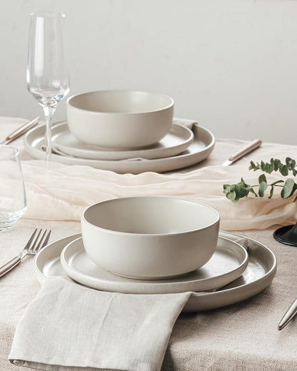 Famiware Milkyway Stoneware Dinnerware Sets with Pasta Bowls, Service for 4 (16 Pieces), Reactive Glaze Plates and Bowls Sets, Microwave and Dishwasher Safe Dishes Set, Matte Beige White