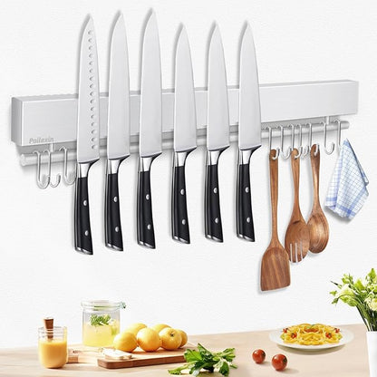 20 inch magnetic knife holder with 10 hooks, no drilling knife magnetic strip, and utensil hanger for wall. Powerful knife magnet rack includes tape and screw
