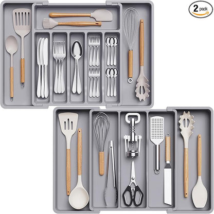 Lifewit Silverware Drawer Organizer and Utensil Organizer Set, Expandable Cooking Cutlery Tray for Kitchen, Adjustable Plastic Flatware Holder Storage Divider for Spoons Forks Knives, Large, Gray