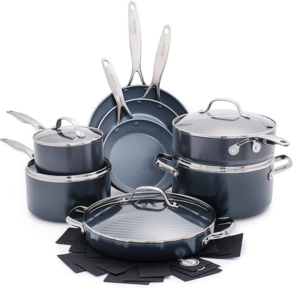 GreenPan 16 Piece Valencia Pro Ceramic Nonstick Cookware Set, PFAS-Free, Induction Ready, Hard Anodized Pots & Pans with Lids, Compatible on All Cooktops, Dishwasher & Oven Safe, Gray