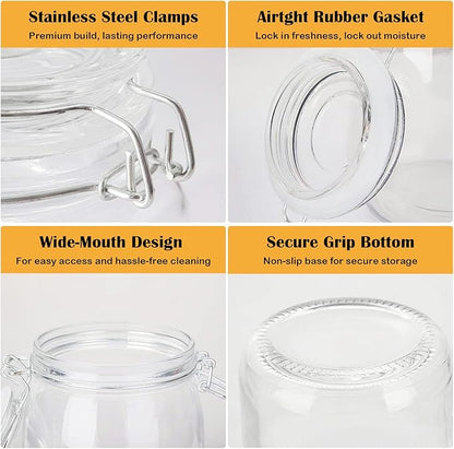 Glass Kitchen Storage Canister Mason Jars with Lids,32oz Airtight Glass Canister with Hinged Lid，Perfect for Kitchen Canning Cereal,Pasta,Sugar,Beans (Labels & Chalk Marker)-Set of 4