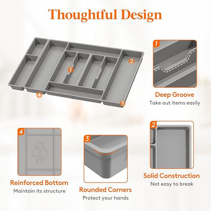 Lifewit Silverware Organizer, Plastic Kitchen Utensil Drawer Tray, Cutlery Flatware Storage Holder for Spoons Forks Knives, 28 x 16 Inches, 10 Compartment, Gray
