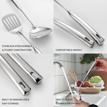 304 Stainless Steel Kitchen Cooking Utensils Set - 9 PCS Serving Utensils, Include Skimmer, Soup Ladle, Spaghetti Server, Wok Spatula, Slotted & Solid Spoon, Slotted Spatula Turner, Meat Fork (Silver）