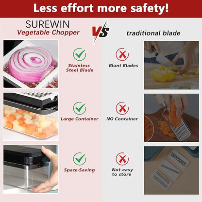 Vegetable Chopper, Onion Chopper Dicer, Mandoline Slicer, Food Chopper with Container, Vegetable Cutter for Salad Potato Carrot Garlic（2 Blades, Black White）