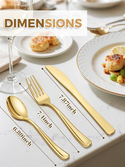WDF 180 Pieces Disposable Plastic Gold Silverware Cutlery - Disposable Flatware Set 60 Forks, 60 Knives and 60 Spoons - Heavy Duty Gold Plastic Cutlery - Utensils for Party, Wedding, Thanksgiving